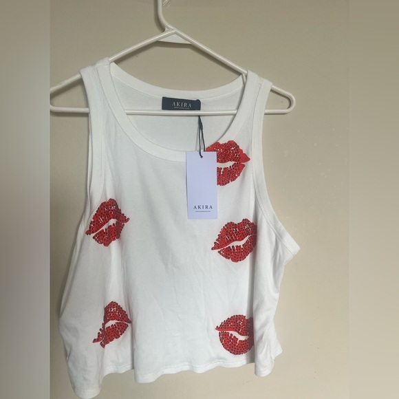 AKIRA Tops - AKIRA White Tank Top with Red Lip Design